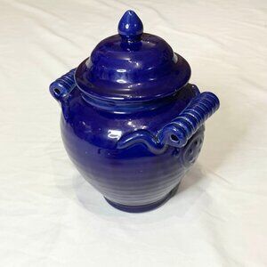 Vintage 80s Cobalt Blue Hobnail Covered Pot Crock Jar 9"
